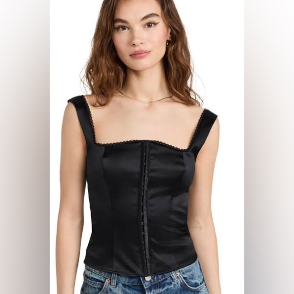 Reformation Black Satin Square-Neck Corset Top